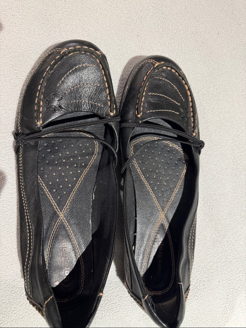 BareTraps Black Leather Moccasin Loafers with Tan Stitching